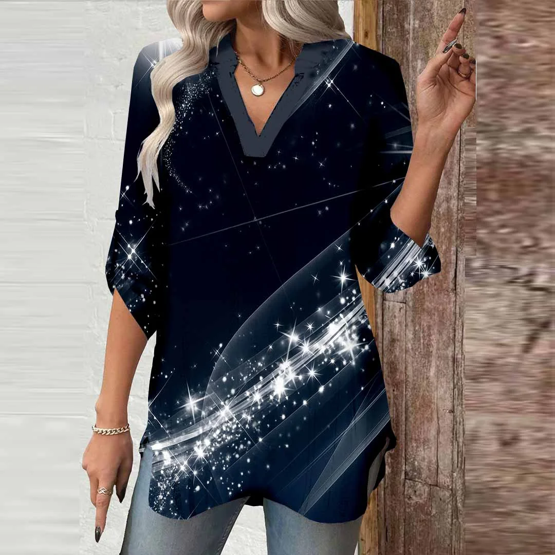 Women Shiny,Geometric,Blue DZGA0679 3/4 Sleeve V-neck Printed Graphic Button Tops
