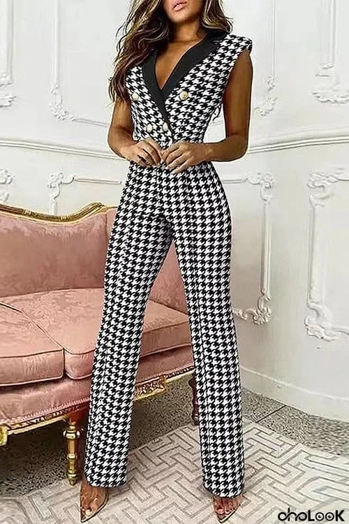 Houndstooth Button Lapel Neck Tank Jumpsuits