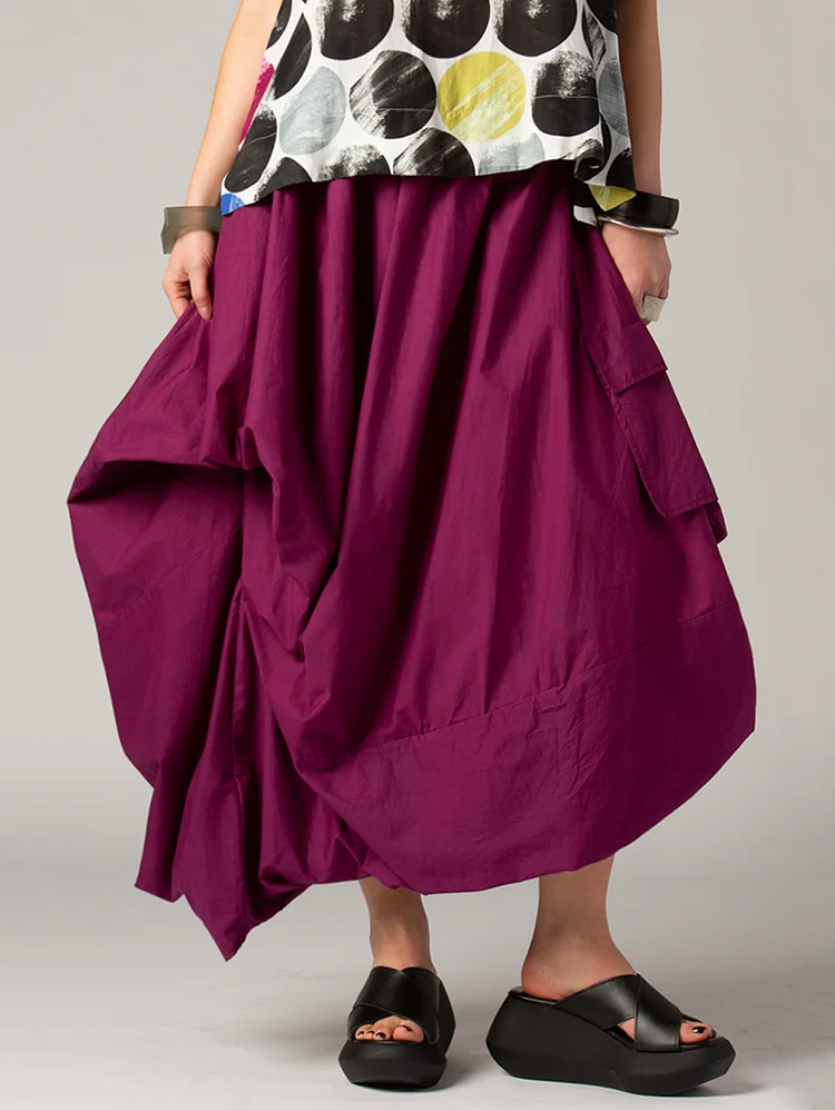 Casual Solid Irregular Pocket Midi Puff Skirt