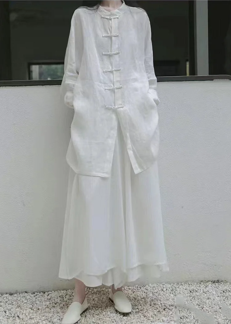 Unique White Oversized Chinese Button Linen Two Pieces Set Summer
