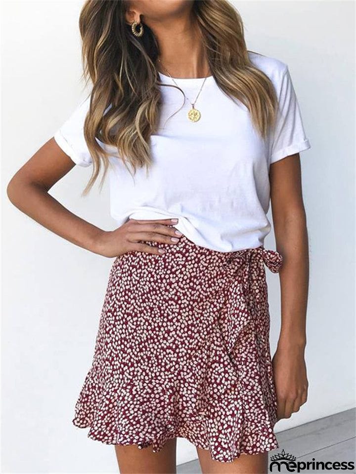 New Summer Multi Dot Print Slim Ruffle High Waist Bow Tie Skirts