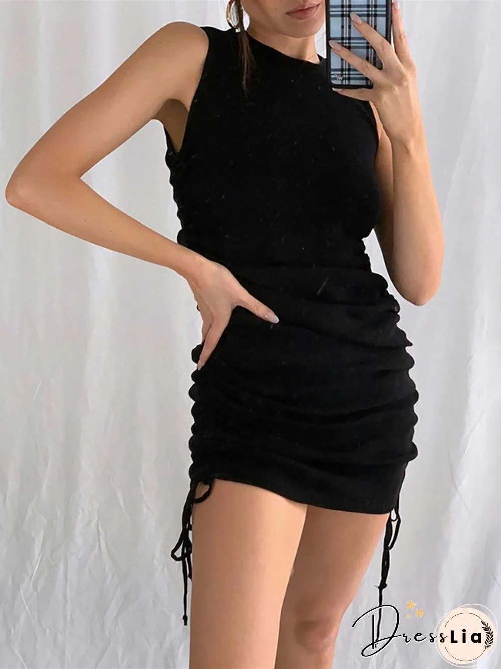 FANTOYE Cotton Ruched Drawstring Sexy Party Dress Women Sleeveless Elastic Mini Dress Vintage Summer Bodycon Club Wear Vestidos