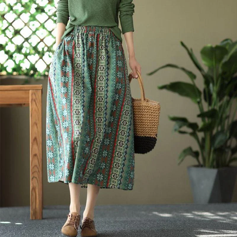 Cotton And Linen Retro Printed Skirt Women&#39;s 2022 Spring And Summer New Oversized Loose Elastic Waist A-line Skirt Women