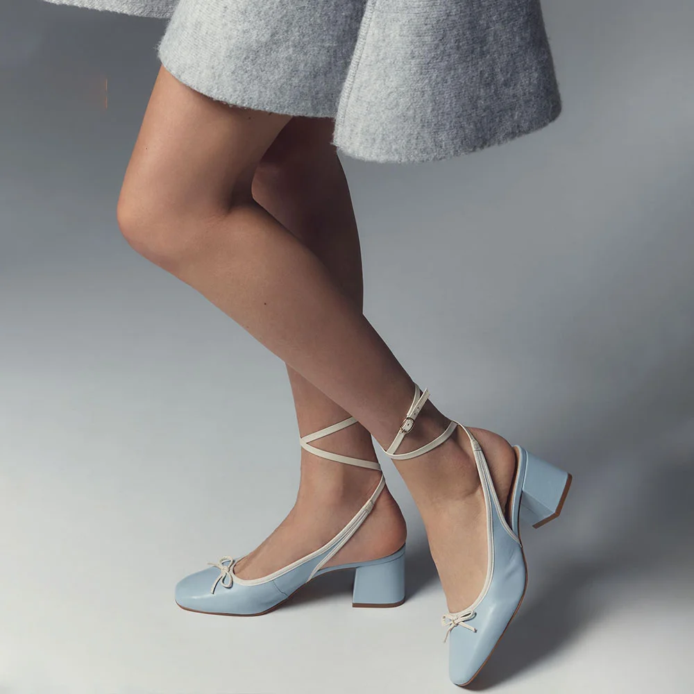 Light Blue Block Heel Bow Square Toe Ankle Wrap Strap Pumps Shoes