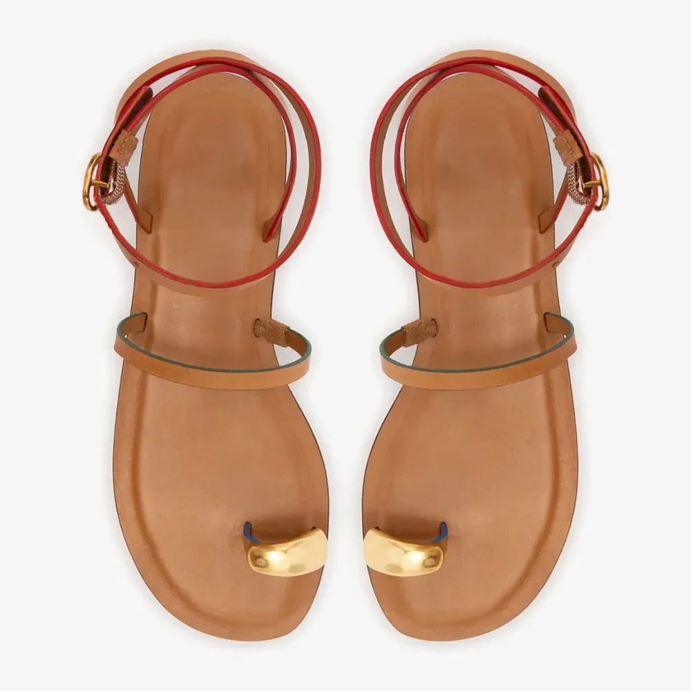 Tan Round Toe Ring Ankle Strap Buckle Flat Sandals for Women