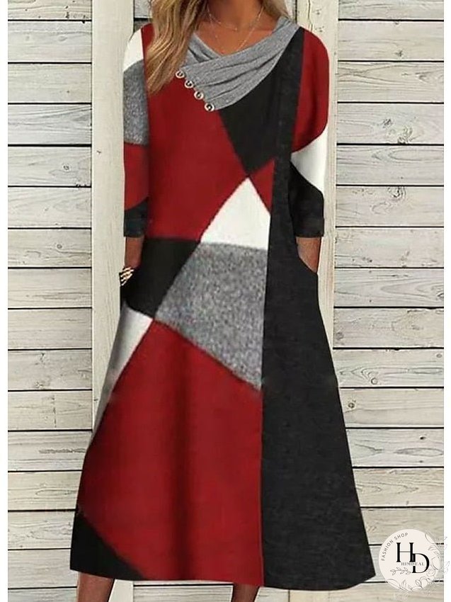 Casual Dress Shift Dress Midi Dress Red 3/4 Length Sleeve Color Block Patchwork Spring Fall Cowl Neck Fashion S M L XL XXL 3XL for Women