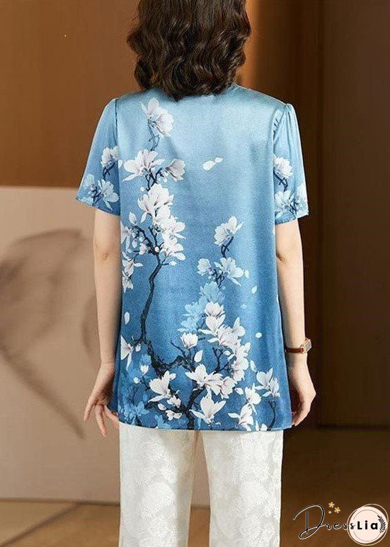Style Sky Blue O-Neck Oriental Button Floral Print Silk Tank Top Short Sleeve