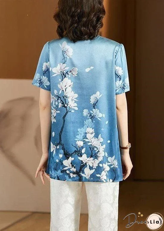 Style Sky Blue O-Neck Oriental Button Floral Print Silk Tank Top Short Sleeve