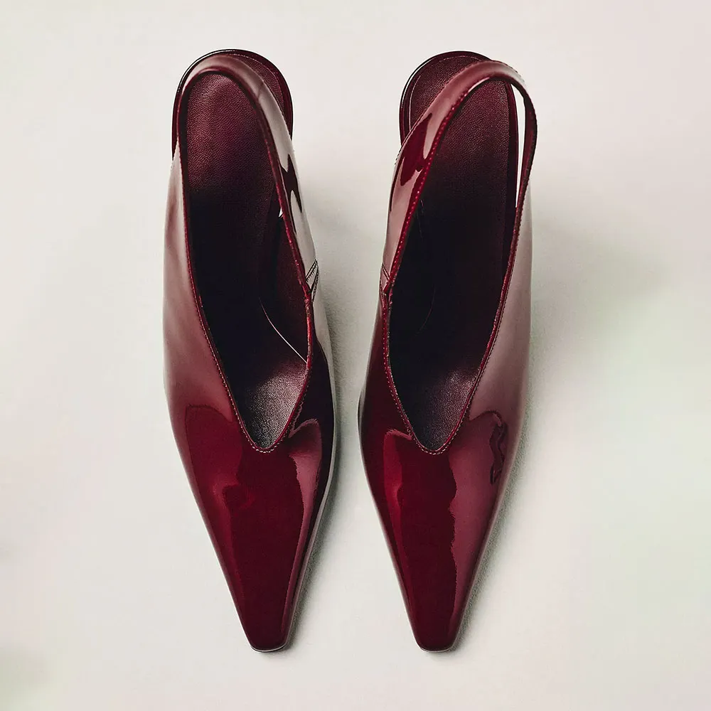 Patent Leather Pointed Toe Slip On Maroon Slingback Pumps Heels
