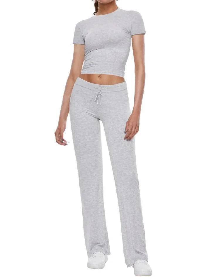 Brownm Short Sleeve Cropped Top Straight Leg Pants Set