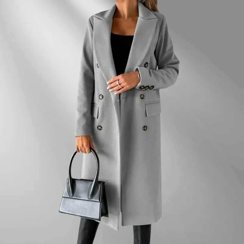 Damen Mantel – Doppelreiher, Tailliert, Wollmix, Goldknöpfe, Knielang, Eleganter Stil-55035-59519544394071