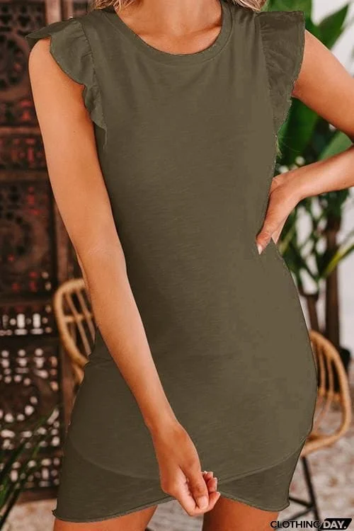 Solid Ruffles Slit Hem Mini Dress