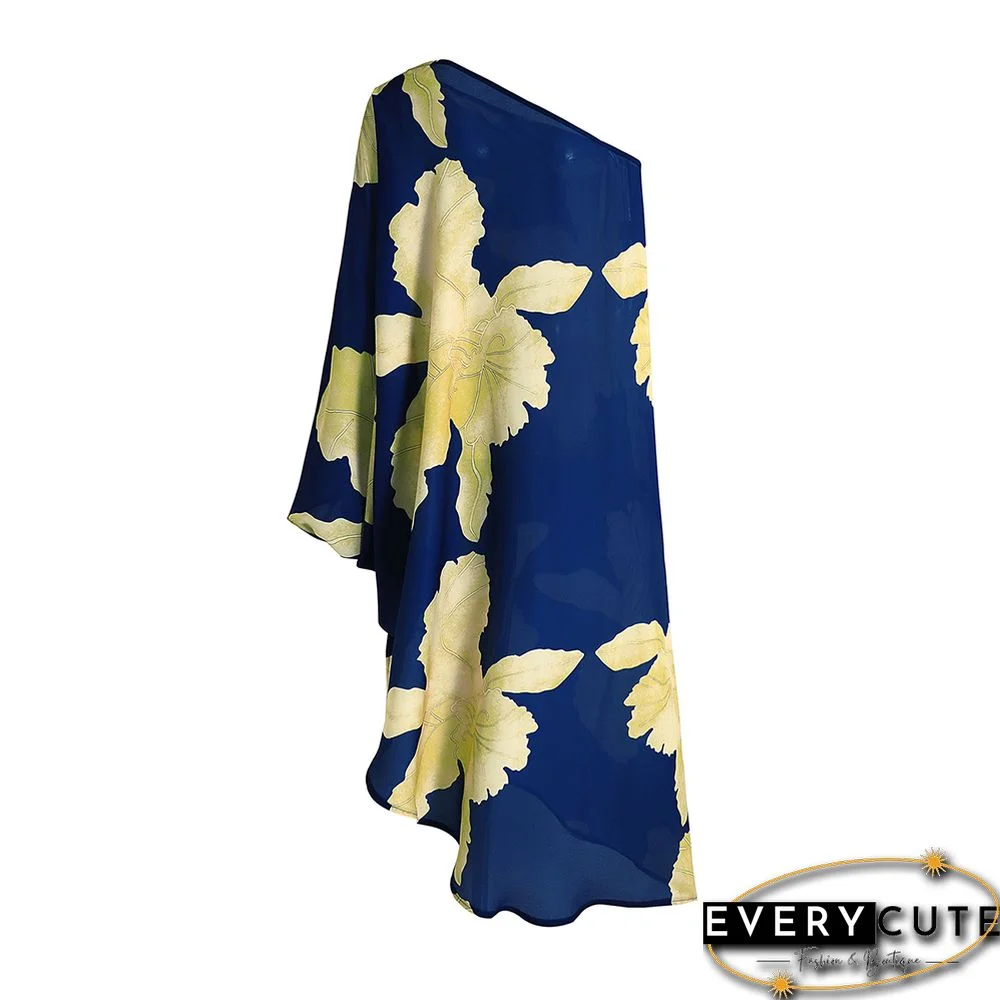 Navy Blue Floral Print One Shoulder Irregular Beach Dress