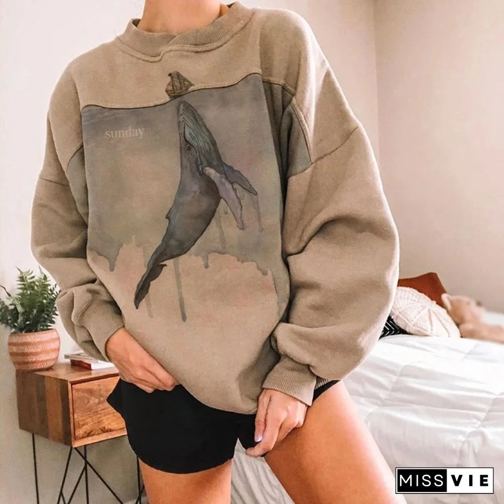 Womens Fashion Round Neck Embroidered Loose Sweatshirt