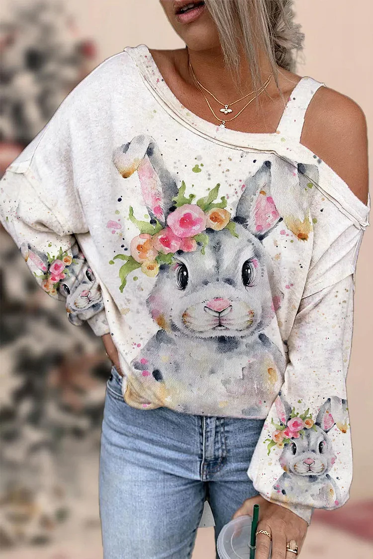 Bunny Rabbit Wearing Spring Flower Wreath  Multicolor Ink Dots Printed Casual Off-Shoulder Blouse