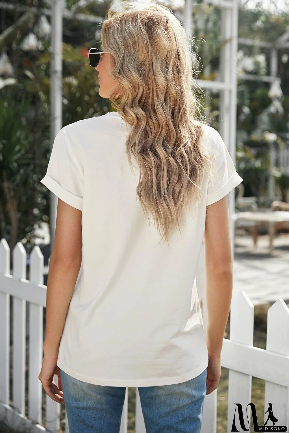 MidiSono - Women Sunshine Print White Short Sleeve Tee