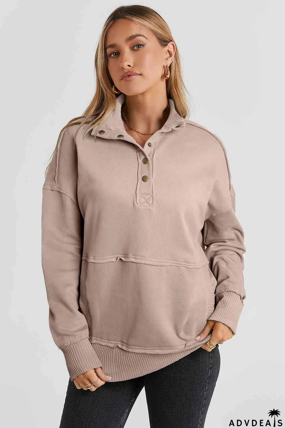 Half Snap Drop Shoulder Long Sleeve Sweatshirt