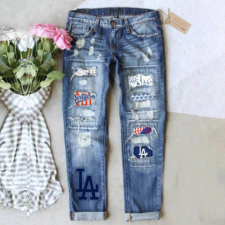 STRETCH RIPPED FRAYED RAW HEM DISTRESSED DENIM JEANS WITH HOLE