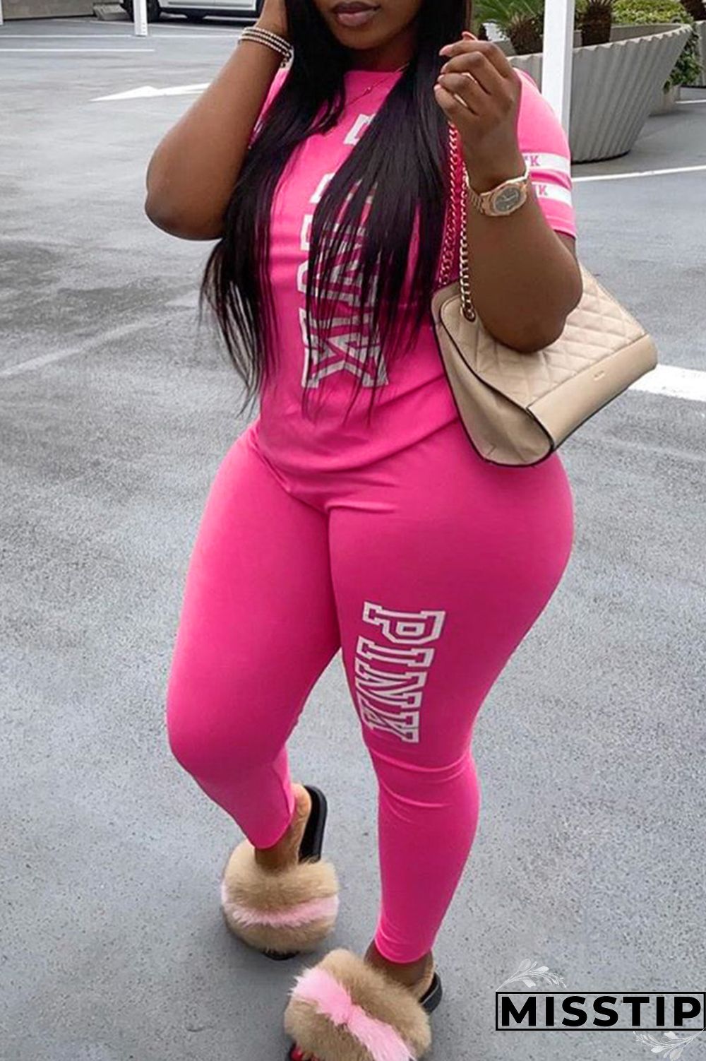 Green Fashion Casual Letter Print Basic O Neck Plus Size Two Pieces