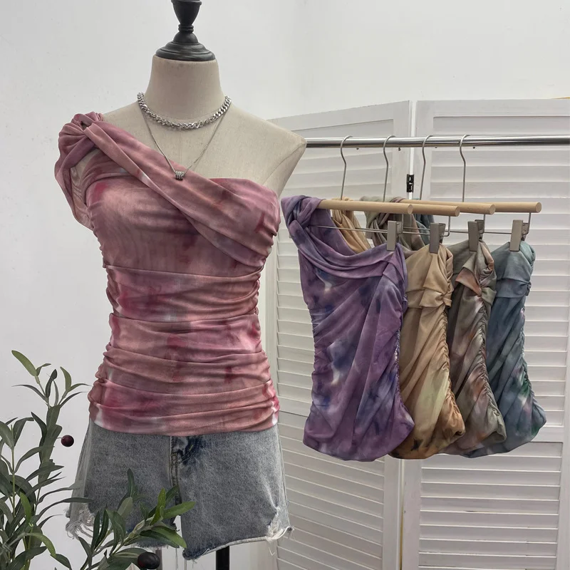 Churchf Net Yarn Printed Slanted Shoulder Sling Vest Retro Design Folding Temperament Short Blouse 8009