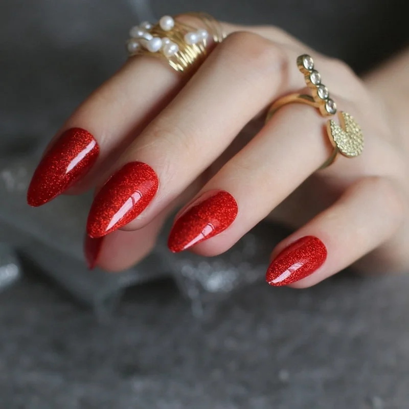 gel polish UV coffee Almond Holographic glitter art nails tabs Stiletto False nail Brown red fake Nails Gold silver 24pcs-Nail Inspo