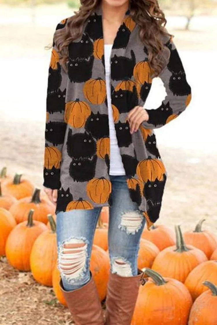 Plus Size Halloween Grey Pumpkin Skull Print Long Sleeve Cardigan