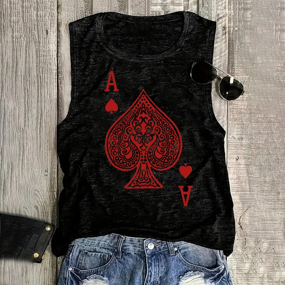 Teepublicz Women's Fashion Q of Hearts Pattern Printed Sleeveless Vest Simple White Sleeveless Tops Summer Breathable Women's Clothing