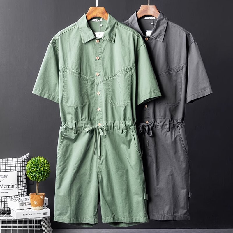 Retro Drawstring Button Lapel Cargo Short Sleeve Shorts Jumpsuit