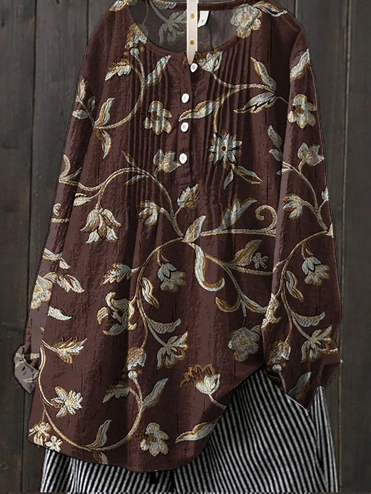 Vintage Bough Pattern Printed Women's Casual Cotton And Linen Shirt