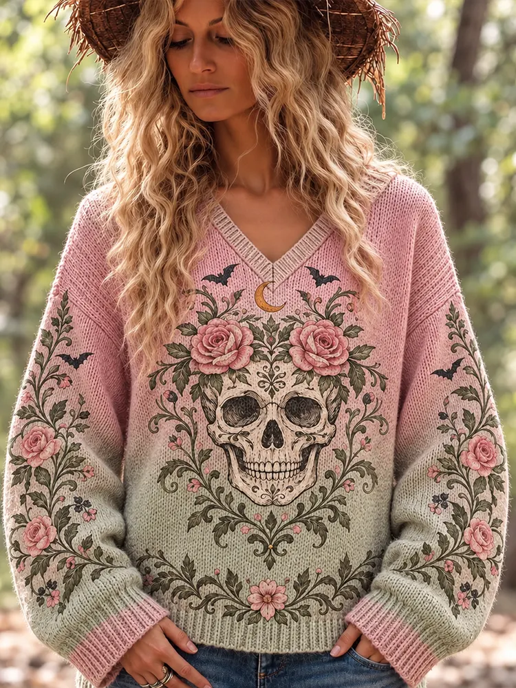 Comstylish Women's Floral Skull V-neck Knit Sweater