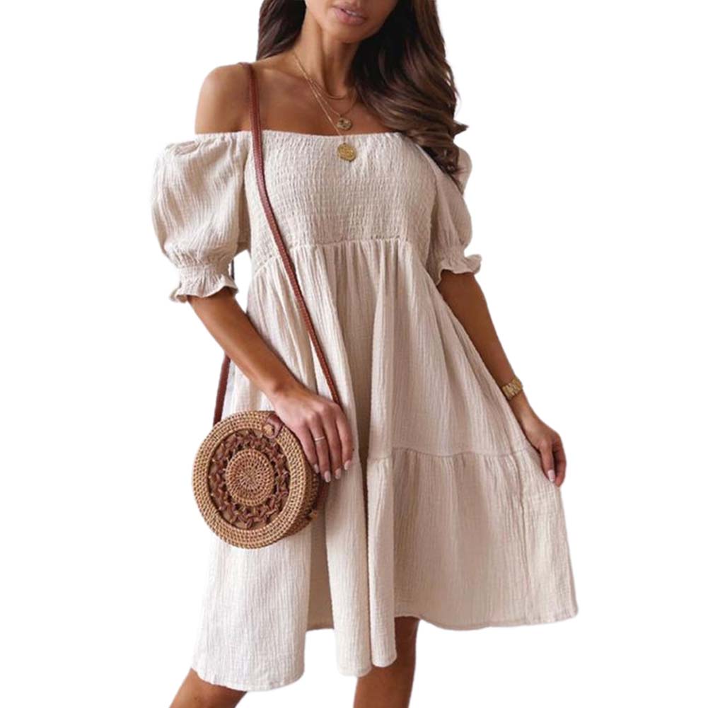 Women's Sexy Summer Beach Off Shoulder Solid Color Casual Loose Pleated A-Line Mini Dress