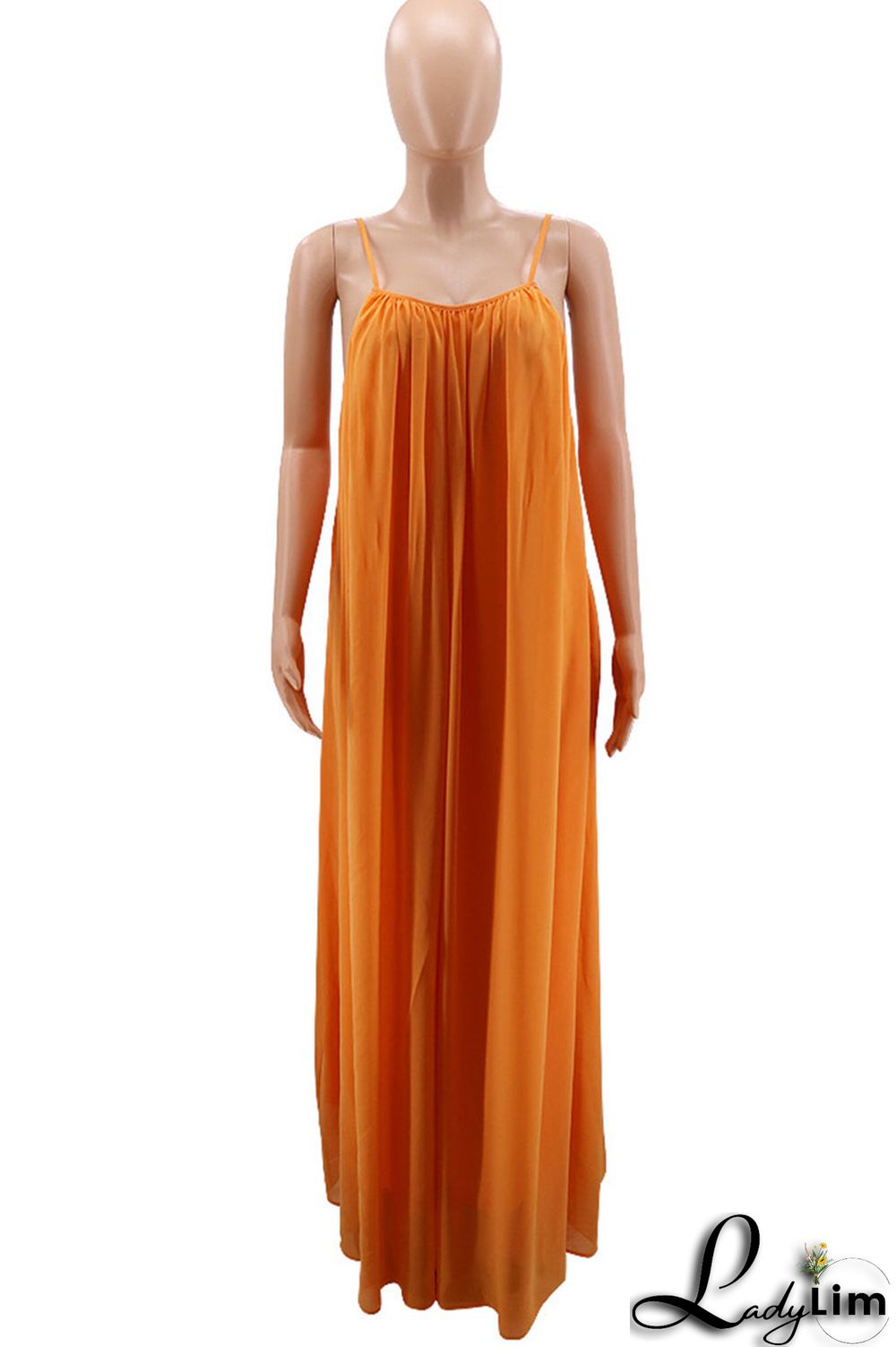 Orange Red Casual Solid Split Joint Backless Spaghetti Strap Sling Dress Dresses