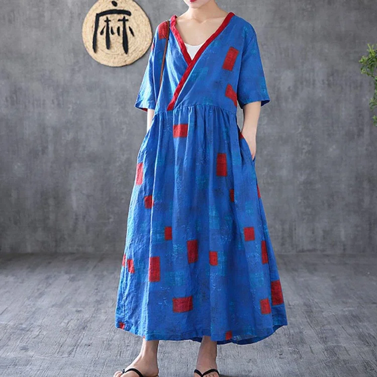 Simple V Neck Patchwork Linen Clothes Work Outfits Blue Print Dress ( Limited Stock)
