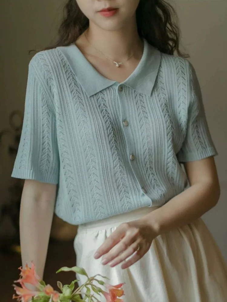 Loose Polo Shirt Cropped Top T-shirt - Blue