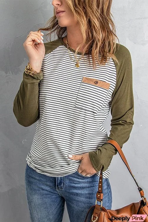 O Neck Long Sleeve Striped Raglan Top