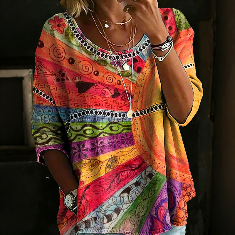 Comstylish Women's Bohemian Vintage Rainbow Art Print Flowy Linen Blend Casual Tops