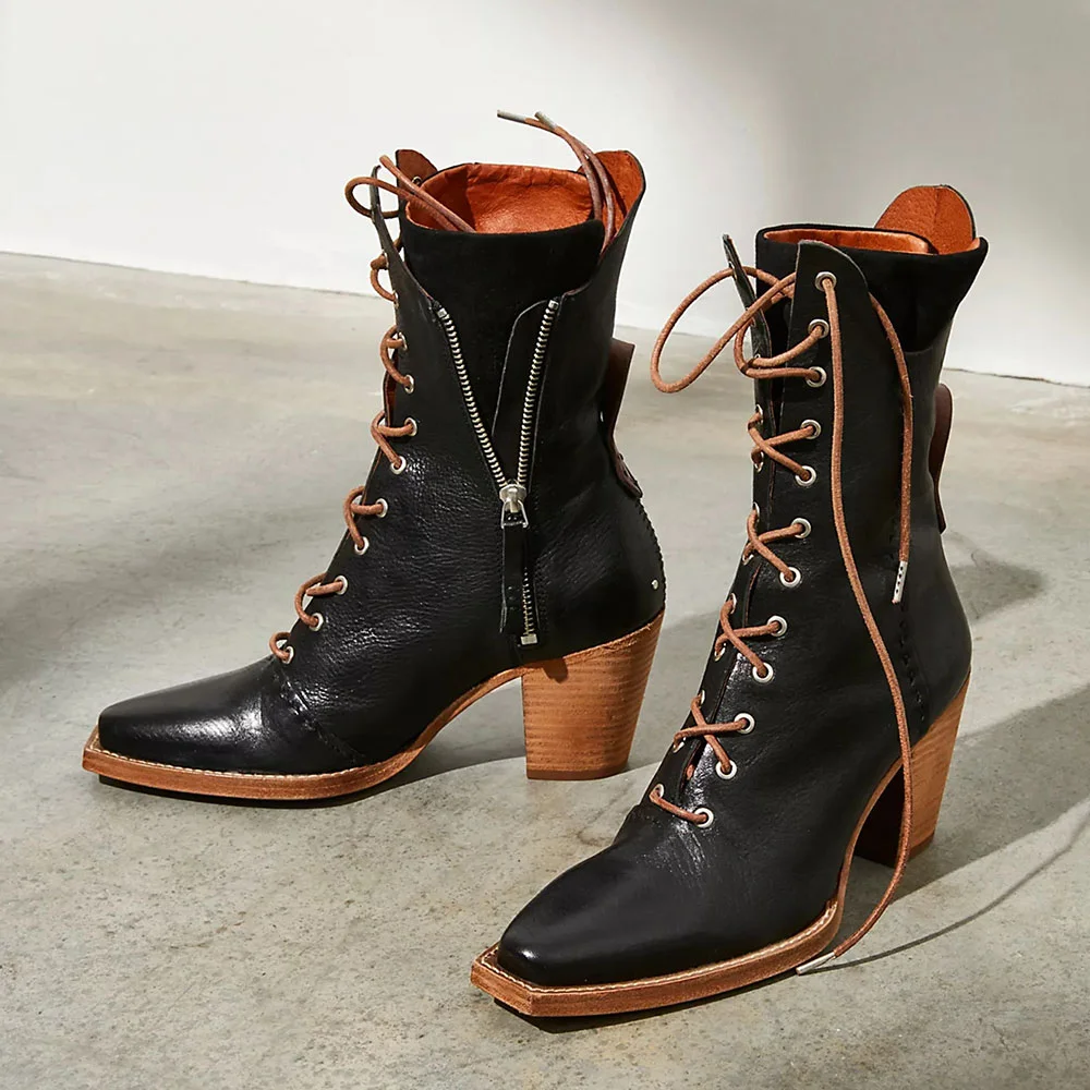 Black Square Toe Zipper Stacked Heel Lace-Up Short Boots for Women