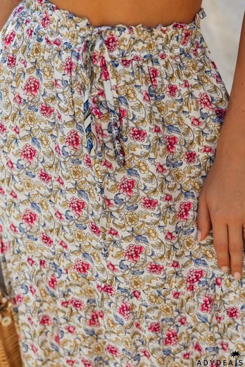 Boho Floral Print Elastic High Waist Pleated A Line Maxi Skirt