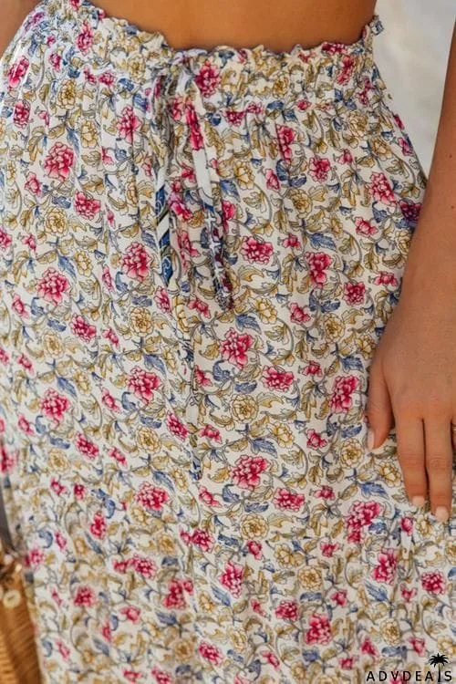 Boho Floral Print Elastic High Waist Pleated A Line Maxi Skirt