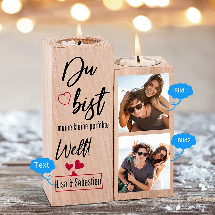 Kettenmachen Personalisierte 2 Fotos & Text Kerzenhalter- Du bist meine kleine perfekte Welt-Geschenk für Paare