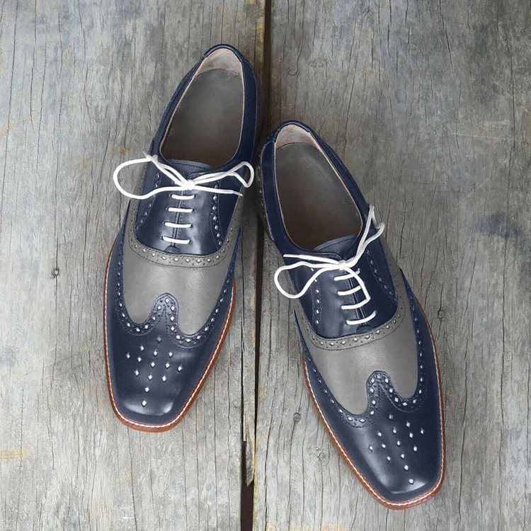Handmade Men Two Tone Wing Tip Brogue Formal Shoes