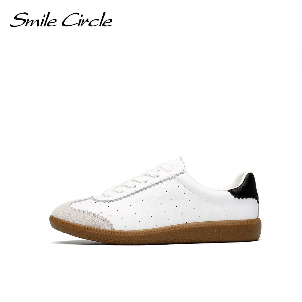 Smile Circle Women Sneakers Flat Platform Shoes Spring Breathable Casual Shoes Women White Leather Lace-up low-top trainers