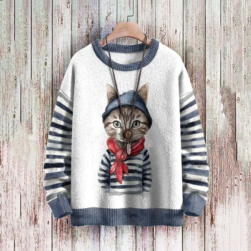 Women's Clothes Cat Stripes Print Sweatshirt