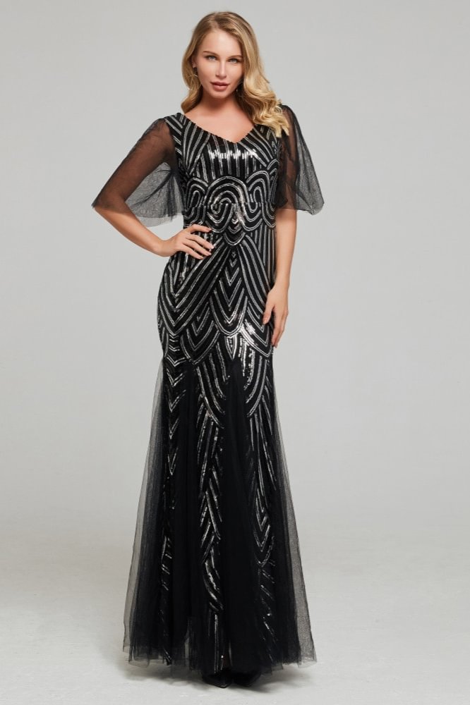 Chic Black Short Sleeve Prom Dress Mermaid Sequins Long Evening Gowns - lulusllly