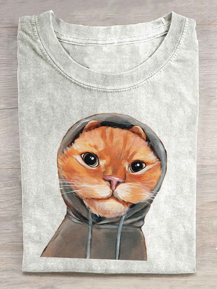 Cute Cat Art Print Casual T-shirt