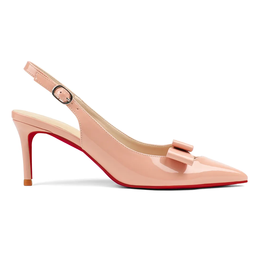 65mm Women's Stiletto Mid Heels Pumps Pointed Toe With Bows Slingback Red Bottoms Prom Sandals Shoes-vocosishoes