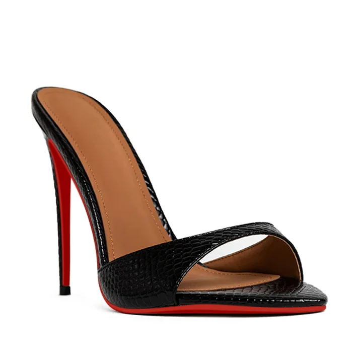 85mm Women's Sandals Pointed Toe Snakeskin Mules Heels Slip on Red Bottom Stilettos VOCOSI VOCOSI