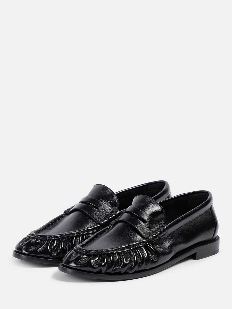 Black Round Toe Ruched Upper Casual Flat Penny Loafers for Women