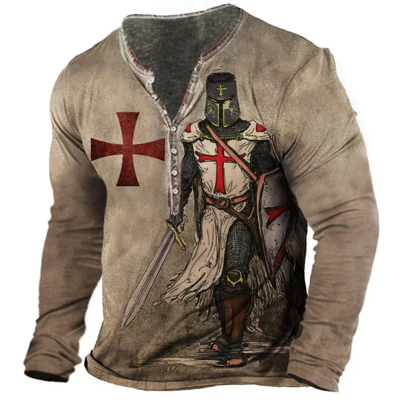 Men's Vintage Templar Cross Henley Long Sleeve Top