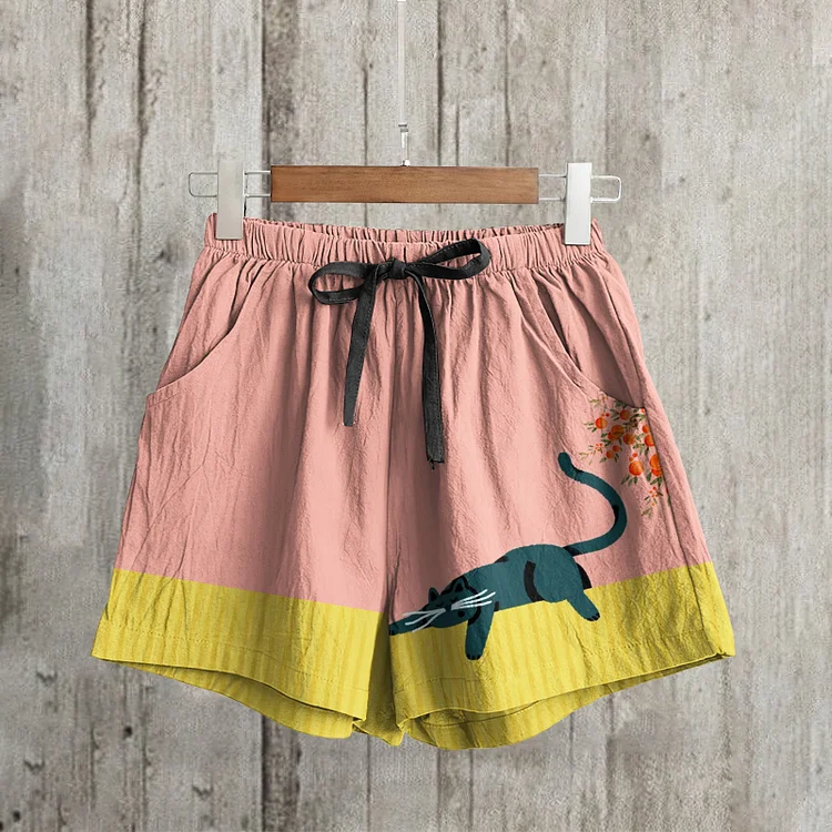 Abstract Creative Lazy Black Cat Painting Art Linen Shorts